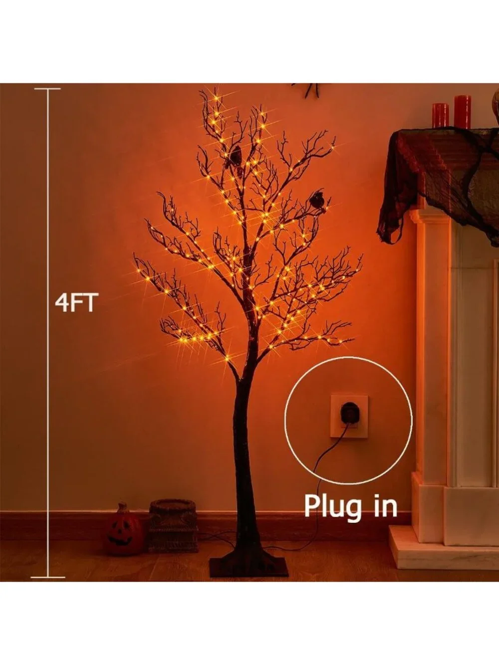 Glittery Black Halloween Tree with 150 Orange Fairy Lights for Indoor/Outdoor